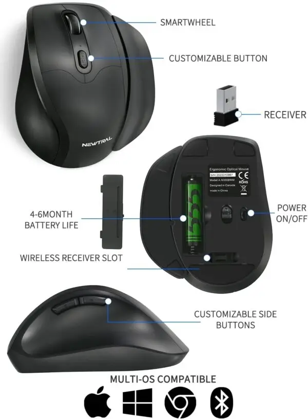 Newtral Ergonomic Mouse,Unique 33 Degree Vertical Wireless Mouse - 2.4GHz Optical Vertical Mice : 3 Adjustable DPI 800/1200/1600 Levels, for Laptop, PC, Computer,Notebook etc, Right Hand( medium) - Image 2