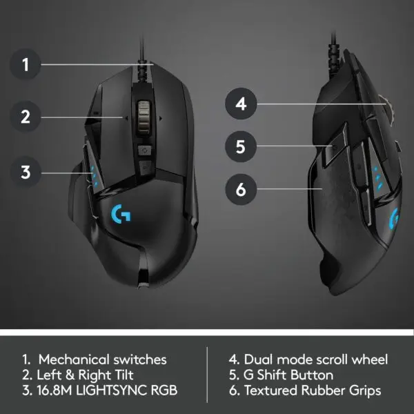 Logitech G502 HERO High Performance Wired Gaming Mouse, HERO 25K Sensor, 25,600 DPI, RGB, Adjustable Weights, 11 Programmable Buttons, On-Board Memory, PC / Mac - Image 2