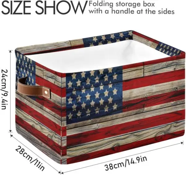 Old American Flag Wooden Storage Basket Bin Patriotic Large Fabric Toys Storage Cube Box with Handles Collapsible Closet Shelf Cloth Organizer Basket for Nursery Bedroom - Image 3