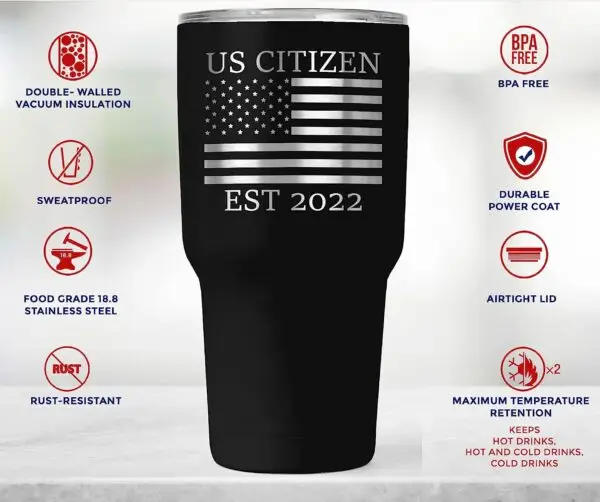 New US Citizen Gifts 2022 | 30oz Steel Travel Tumbler for Coffee or Cold Drinks | American Flag Citizenship Congratulations Mug (30oz Black 2022) - Image 3