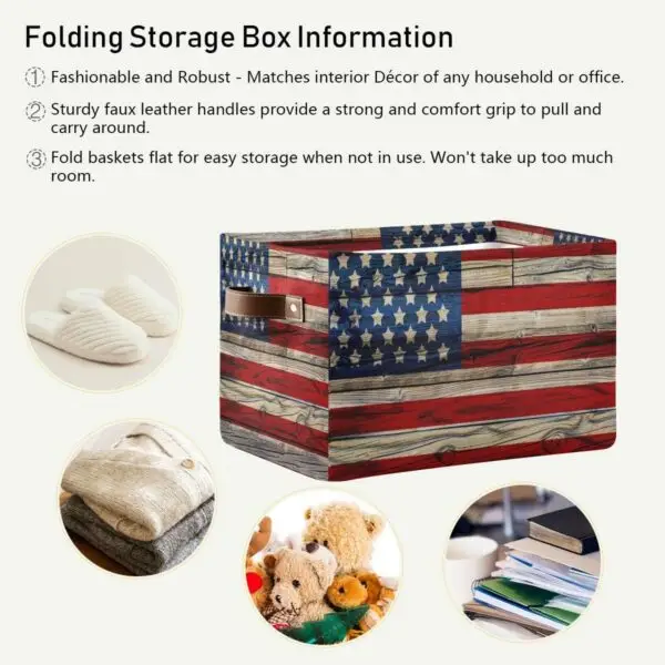 Old American Flag Wooden Storage Basket Bin Patriotic Large Fabric Toys Storage Cube Box with Handles Collapsible Closet Shelf Cloth Organizer Basket for Nursery Bedroom - Image 2