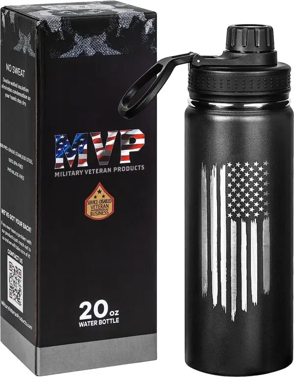 20oz American Flag Water Bottle – USA Double Wall Vacuum Insulated Stainless Steel Great for PT and Outdoor Sports Like Hiking Camping and Cycling